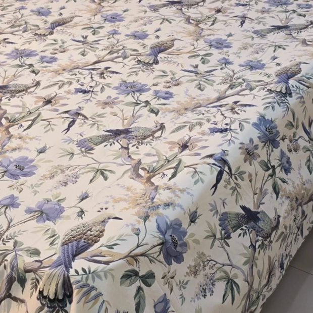 Azure Woodland Birds – Super King Size Bedsheet (274 x 274 cm) | 100% Cotton | Includes 2 Pillow Covers