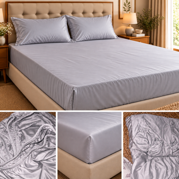 Silver Mist Luxe – Super King Size Fitted Bedsheet (210 x 200 cm + 30 cm Depth) | 2 Pillow covers | 400 TC Tencel Cotton