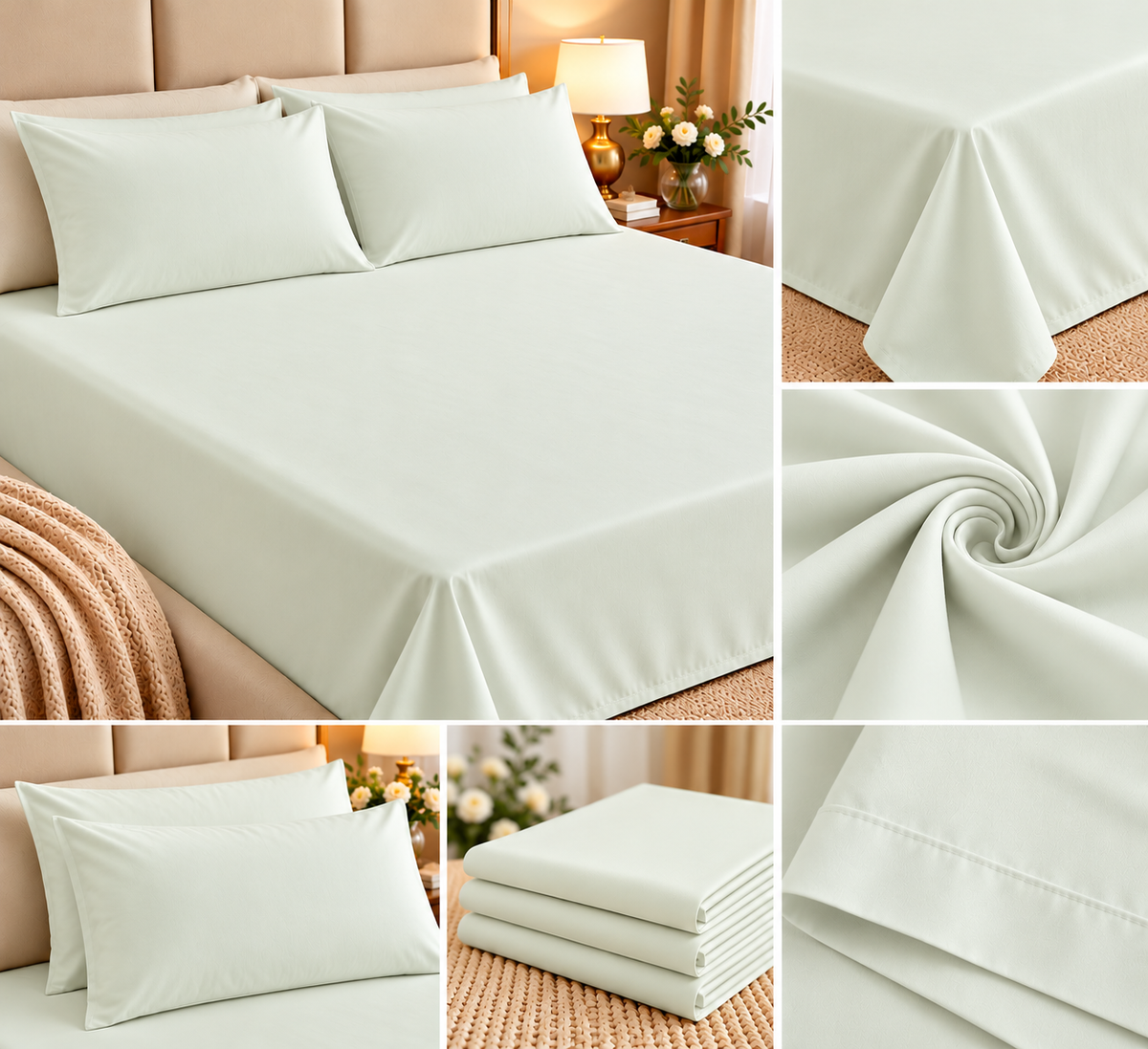Pistachio Whisper Luxe – Super King Size Bedsheet (274 × 274 cm) | 400 TC Tencel Cotton | Includes 2 Pillow Covers