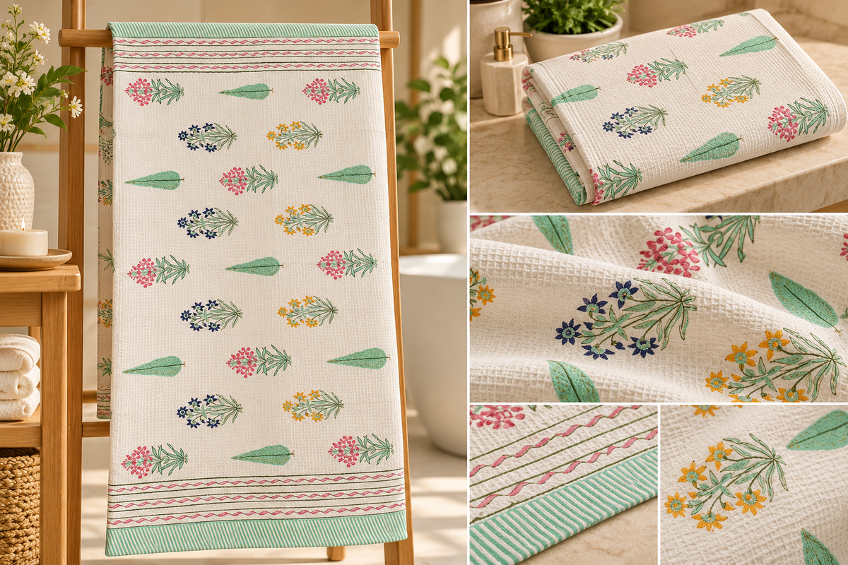 Gulmohar Jaipur waffle cotton towel with rose pink and indigo floral print, 145 x 70 cm