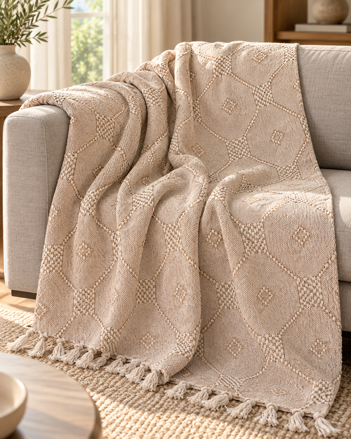 Sandstone Lattice Woven Sofa Throw – 127 × 154 cm | Textured Geometric Weave | Decorative Home Throw | 1 Piece