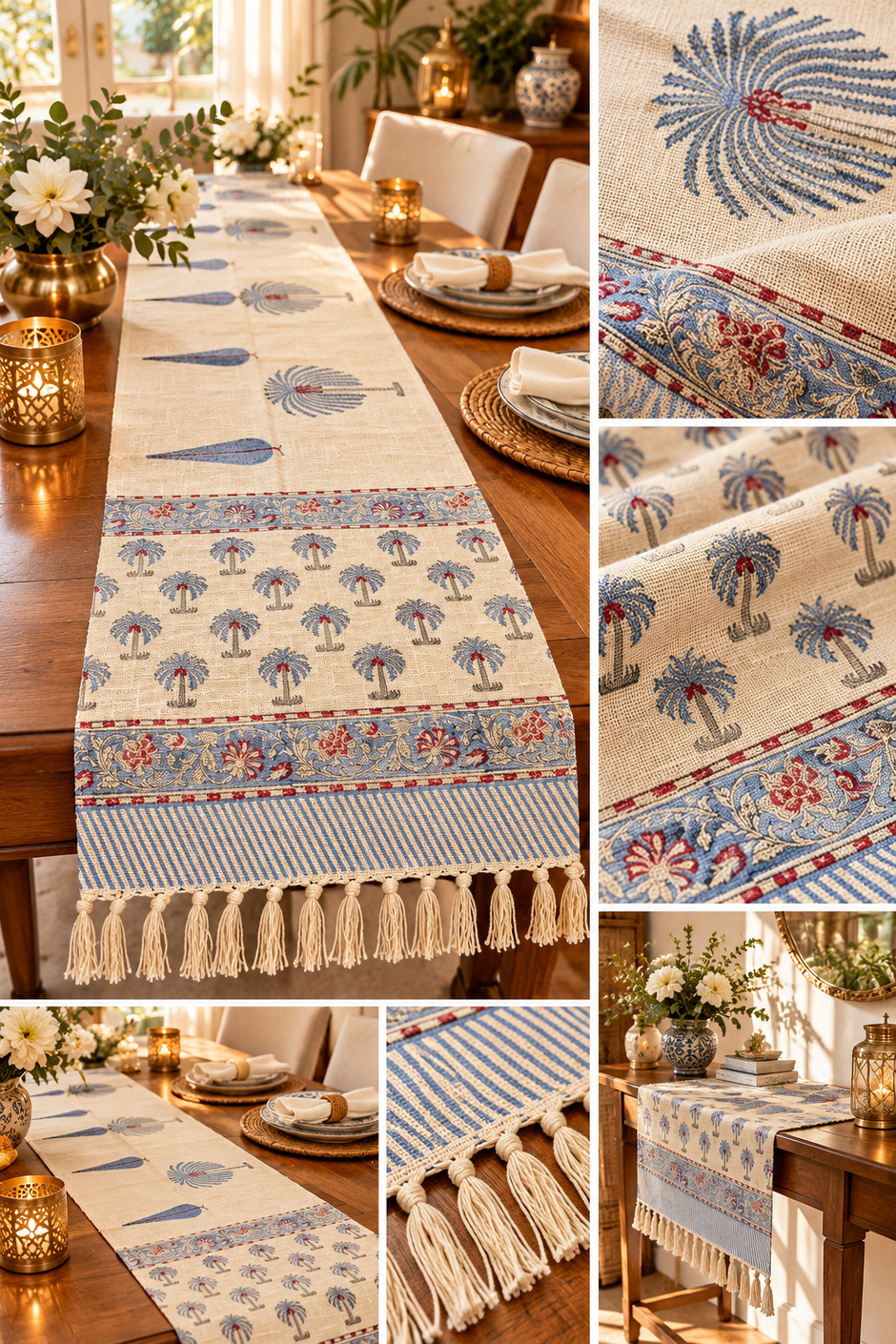 Blue Palm Heritage Jaipuri Jute Table Runner – 185 × 35 cm | Beige & Indigo Blue | Hand Block Printed | 1 Piece