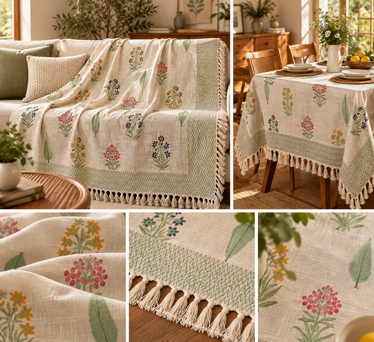 Meadow Bloom Jute Slub Cotton Block Printed Multi-Use Throw – 175 × 130 cm | Sofa Throw, Table Cloth & Decorative Home Layer