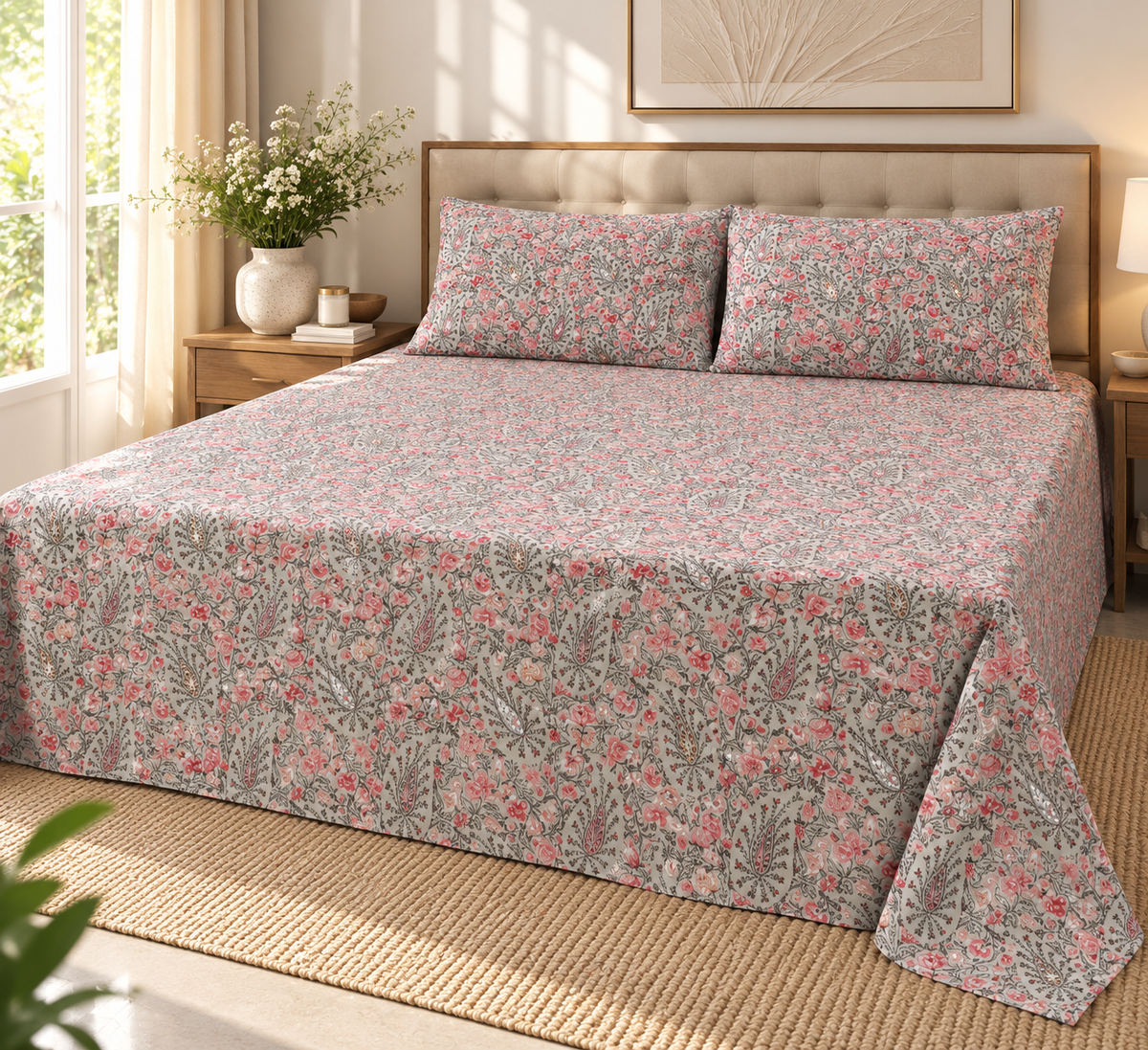 Rosewood Paisley Elegance – Super King Size Bedsheet (270 × 270 cm) | Floral Paisley Print | 3-Piece Set