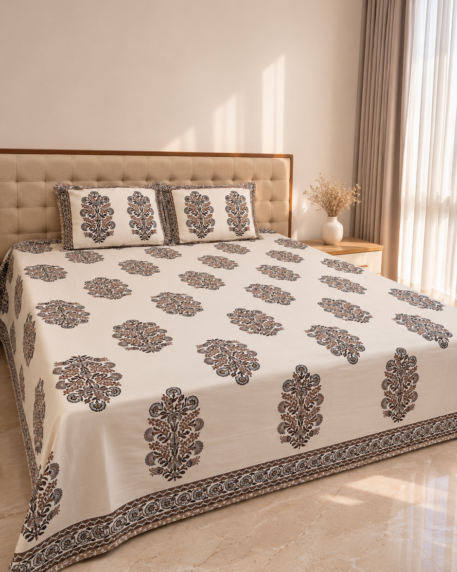 Heritage Bloom – Super King Size Bedsheet (270 × 270 cm) | Includes 2 Matching Pillow Covers