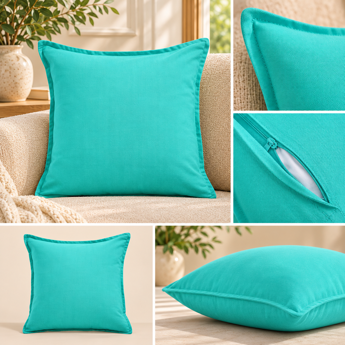 Jaipuri Neel Sarovar Solid Cotton Cushion Cover – 45 × 45 cm | Turquoise | 1 Piece