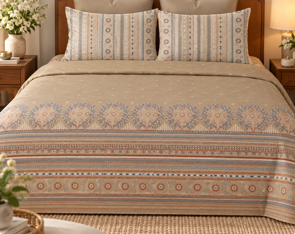 Sandstone Heritage Medallion – Fitted Bedsheet (210 × 200 cm) | 100% Percale Cotton | 400 Thread Count