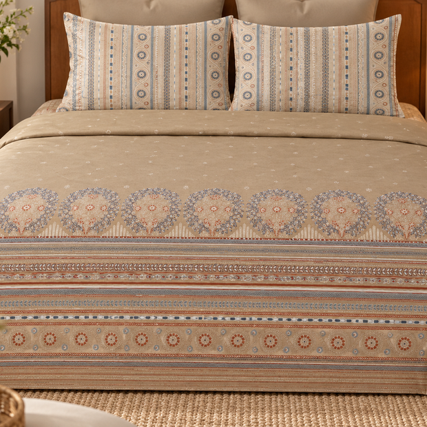 Sandstone Heritage Medallion – Fitted Bedsheet (210 × 200 cm) | 100% Percale Cotton | 400 Thread Count