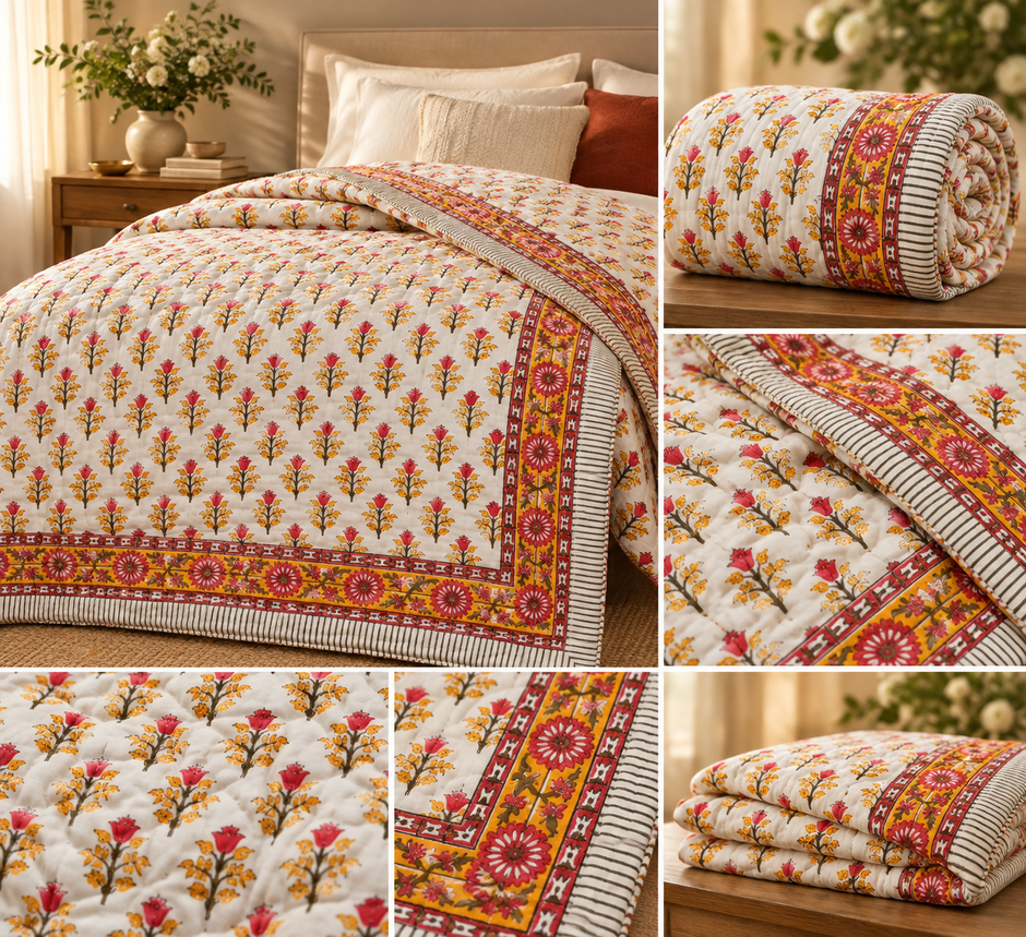 Marigold Rosewood Bloom – King Size Muslin Cotton Razai | Surgical Cotton Filling | Hand Stitched | 1 Piece | Dry Clean Only