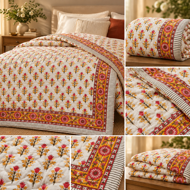 Marigold Rosewood Bloom – King Size Muslin Cotton Razai | Surgical Cotton Filling | Hand Stitched | 1 Piece | Dry Clean Only