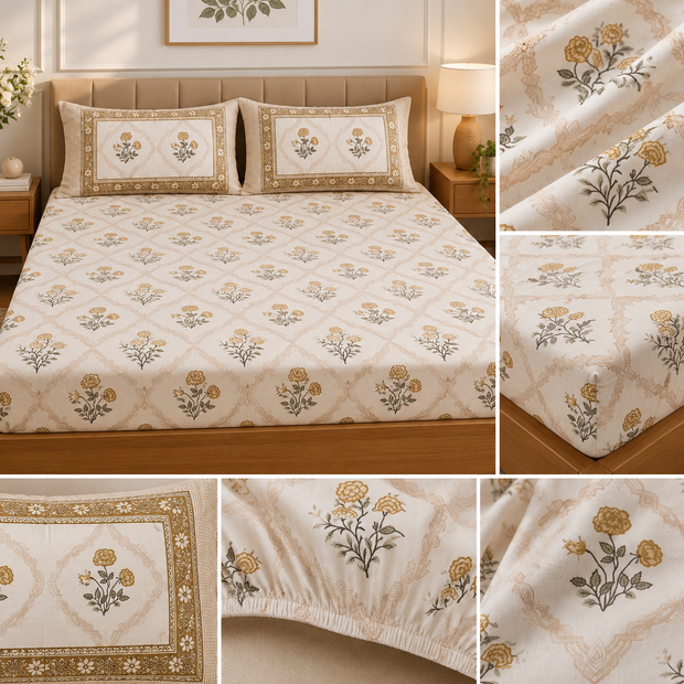 Golden Heritage Bloom – Fitted Bedsheet (210 × 200 cm) | 100% Tencel Cotton | 400 Thread Count | Includes 2 Pillow Covers