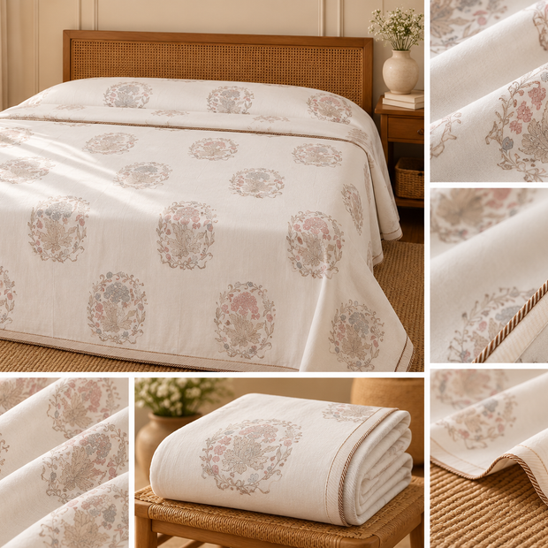 Muslin Luxe Collection – Heritage Bloom Medallion Muslin Dohar – Standard King Size (240 × 260 cm / 90 × 102 inches) | Muslin Cotton Outer Layer | Lightweight All-Season Comfort