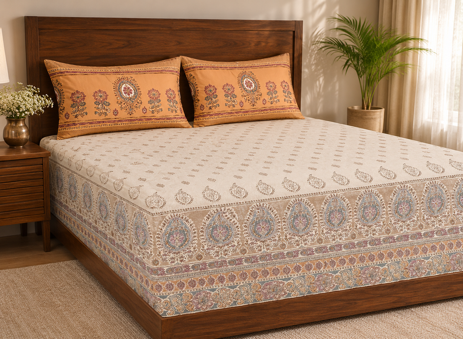 Sandstone Heritage Medallion – Super King Fitted Bedsheet (210 × 200 cm) | 100% Percale Cotton | 400 Thread Count | Includes 2 Pillow Covers