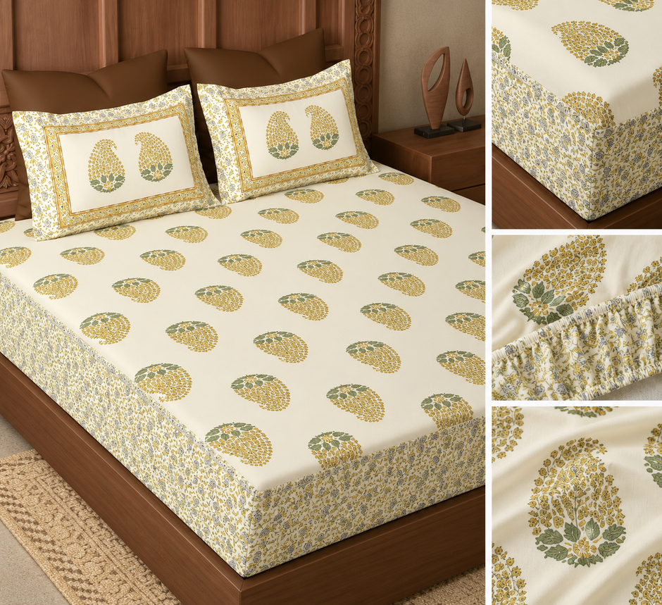 Yellow Golden Paisley Elegance – Super King Fitted Bedsheet | 400 Thread Count Percale Cotton