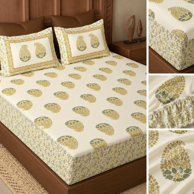Yellow Golden Paisley Elegance – Super King Fitted Bedsheet | 400 Thread Count Percale Cotton