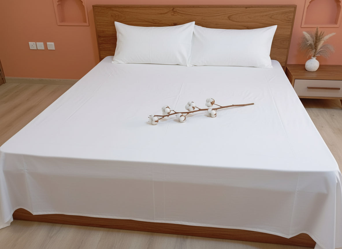 Super King Size Solid White Percale Cotton Bedsheet (274 x 274 cm) | 100% Percale Cotton | Includes 2 Large Pillow Covers