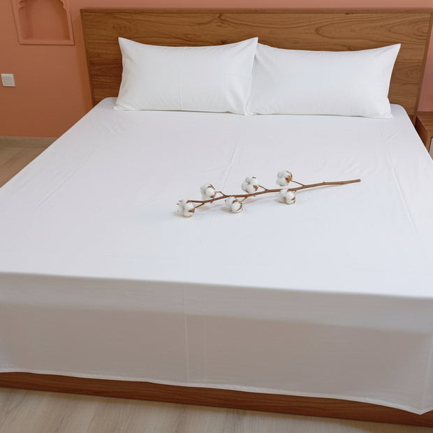 King Size Solid White Percale Cotton Bedsheet | 300 Thread Count | 2 Large Pillow Covers