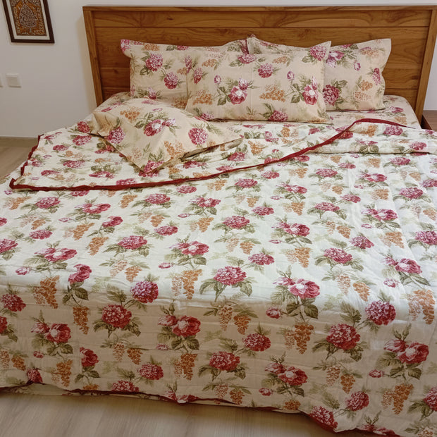 King Size Malmal Muslin Cotton Razai Floral Print | Hand-Stitched | Organic Cotton Filling | Dry Clean only