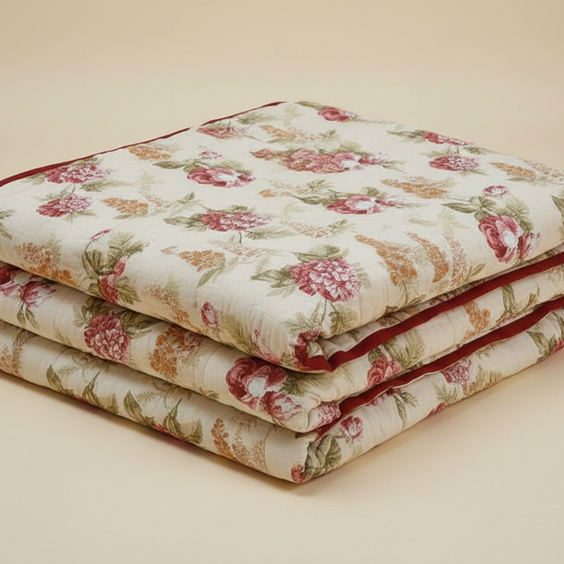 King Size Malmal Muslin Cotton Razai Floral Print | Hand-Stitched | Organic Cotton Filling | Dry Clean only