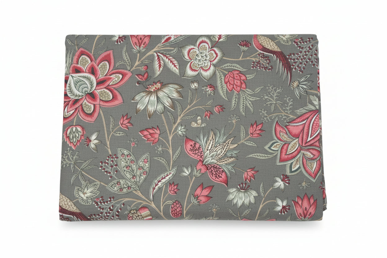 Dark Grey Floral Bird Garden – Super King Size Bedsheet (274 x 274 cm) | 100% Jaipuri Cotton | Includes 2 Pillow Covers