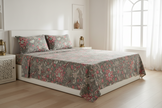 Dark Grey Floral Bird Garden – Super King Size Bedsheet (274 x 274 cm) | 100% Jaipuri Cotton | Includes 2 Pillow Covers