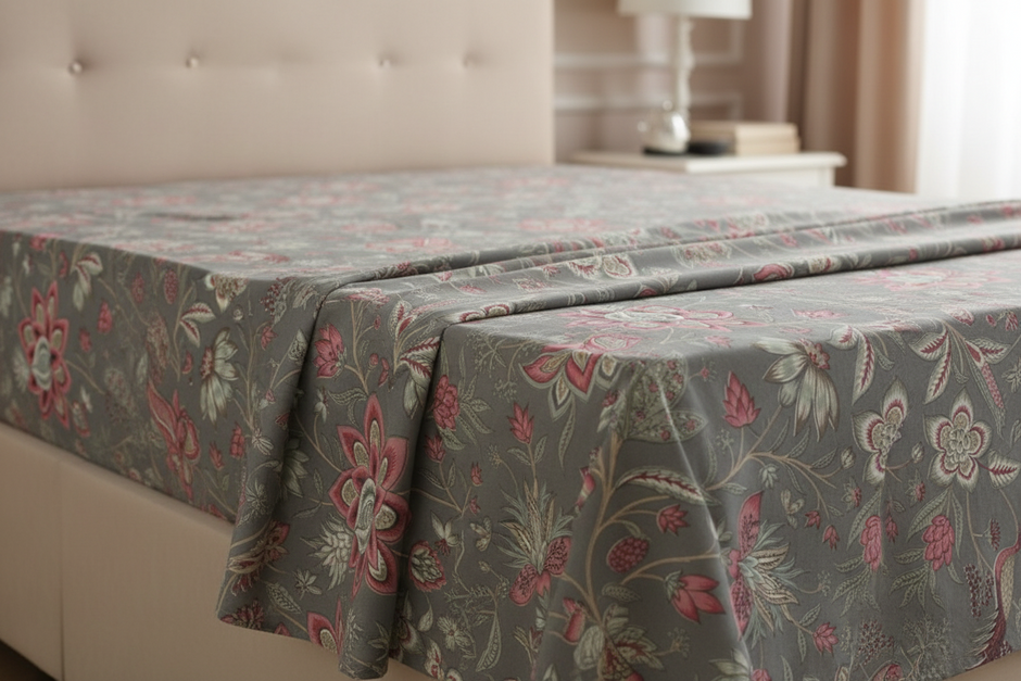 Dark Grey Floral Bird Garden – Super King Size Bedsheet (274 x 274 cm) | 100% Jaipuri Cotton | Includes 2 Pillow Covers