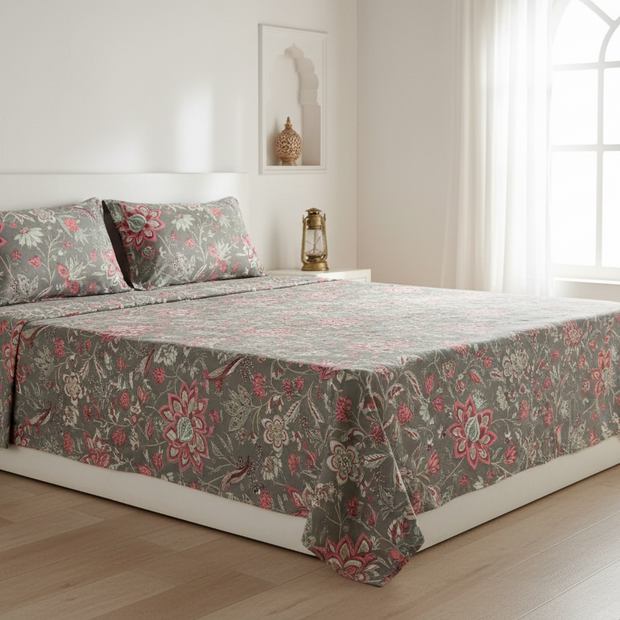 Dark Grey Floral Bird Garden – Super King Size Bedsheet (274 x 274 cm) | 100% Jaipuri Cotton | Includes 2 Pillow Covers