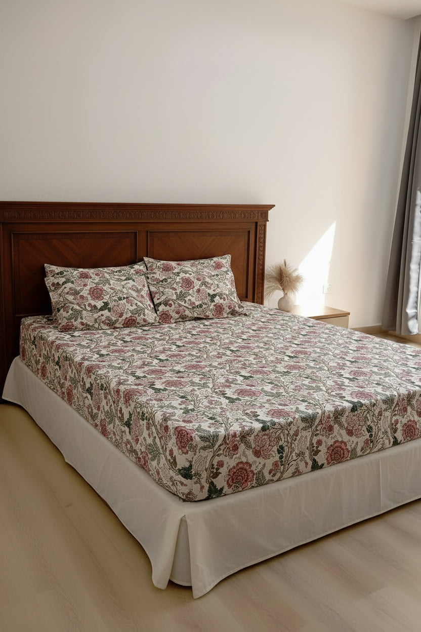 Blush Garden Floral – Fitted Sheet (210 x 200 + 30 cm) | 100% Cotton | All Around Elastic