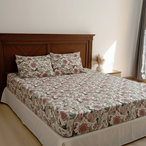 Blush Garden Floral – Fitted Sheet (210 x 200 + 30 cm) | 100% Cotton | All Around Elastic