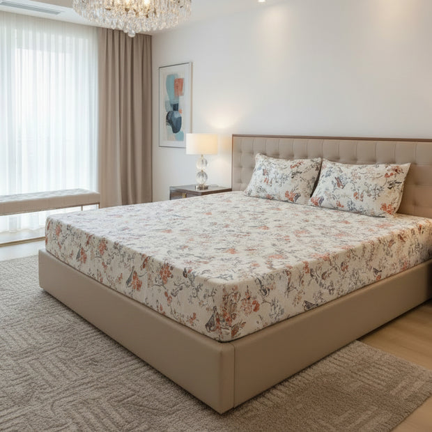 Bird Blossom Print – Super King Size Fitted Sheet (210 x 200 x 30 cm) | 100% Cotton | Includes 2 Pillow Covers