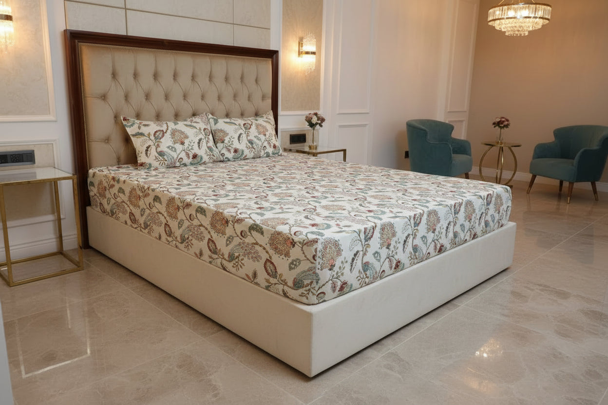 Peacock Garden Print – King Size Fitted Sheet (210 x 200 x 30 cm) | 100% Cotton | Includes 2 Pillow Covers