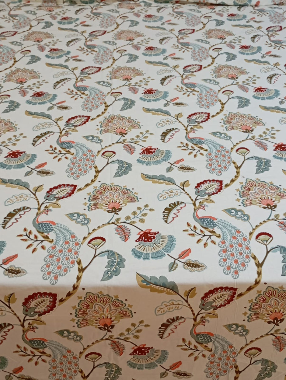 Peacock Garden Print – King Size Fitted Sheet (210 x 200 x 30 cm) | 100% Cotton | Includes 2 Pillow Covers