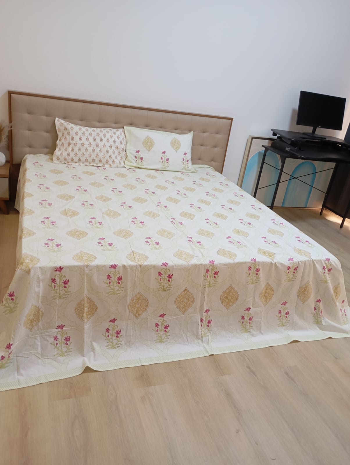 Elegant Floral Harmony – Block Print - Super King Size Bedsheet (274 x 274 cm) | 100% Jaipuri Cotton | Includes 2 Pillow Covers