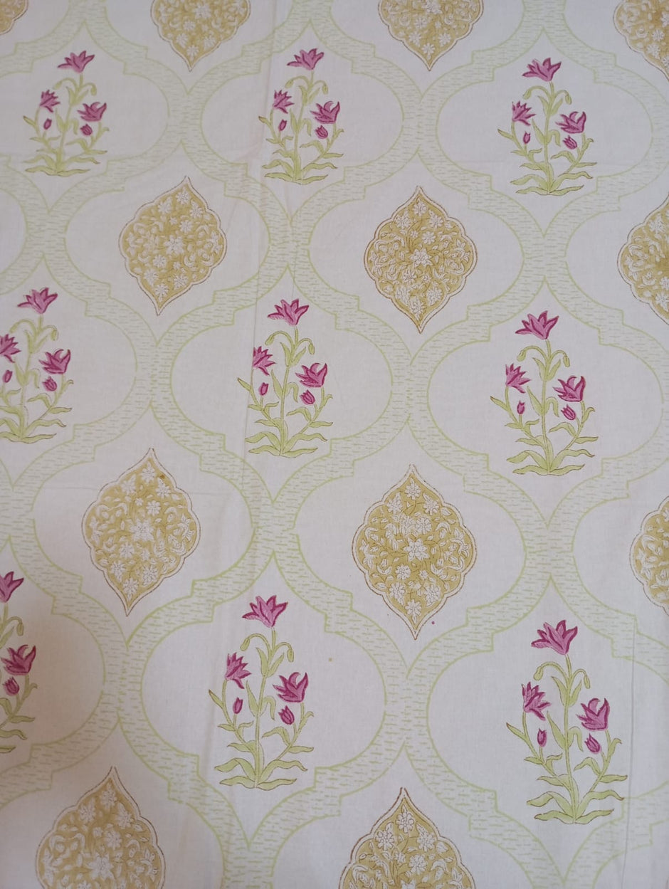 Elegant Floral Harmony – Block Print - Super King Size Bedsheet (274 x 274 cm) | 100% Jaipuri Cotton | Includes 2 Pillow Covers