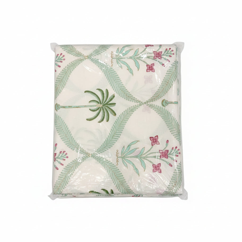 Palm Blossom – Block Print - Super King Size Bedsheet (274 x 274 cm) | 100% Jaipuri Cotton | Includes 2 Pillow Covers