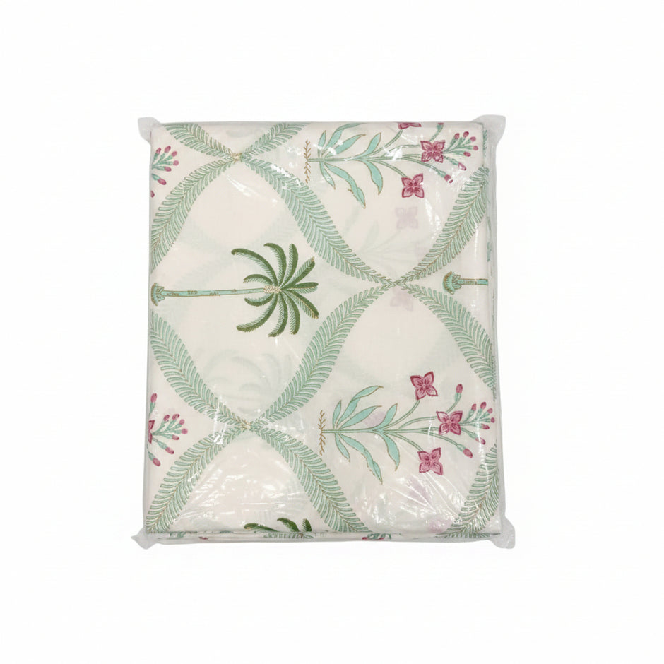 Palm Blossom – Block Print - Super King Size Bedsheet (274 x 274 cm) | 100% Jaipuri Cotton | Includes 2 Pillow Covers