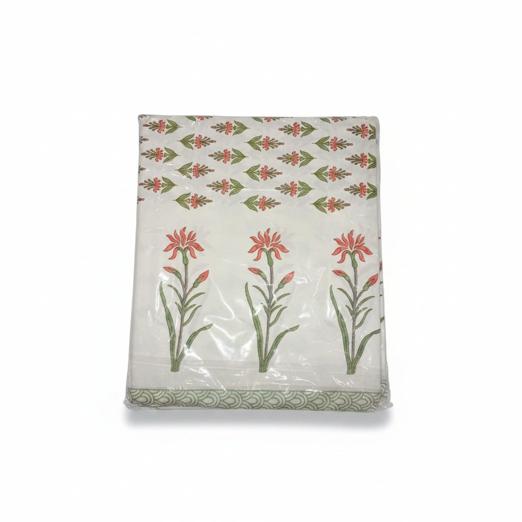 Blush Meadow – Block Print - Super King Size Bedsheet (274 x 274 cm) | 100% Jaipuri Cotton | Includes 2 Pillow Covers