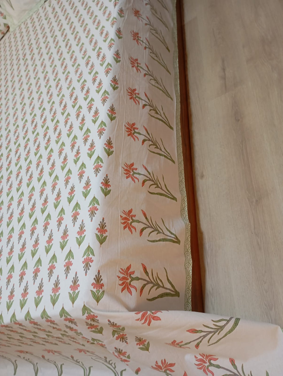 Blush Meadow – Block Print - Super King Size Bedsheet (274 x 274 cm) | 100% Jaipuri Cotton | Includes 2 Pillow Covers