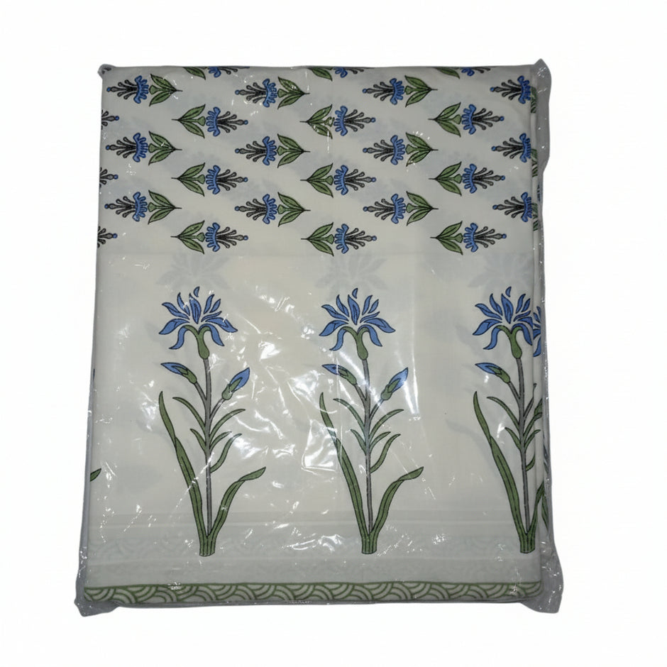 Blue Meadow Bloom – Block Print - Super King Size Bedsheet (274 x 274 cm) | 100% Jaipuri Cotton | Includes 2 Pillow Covers