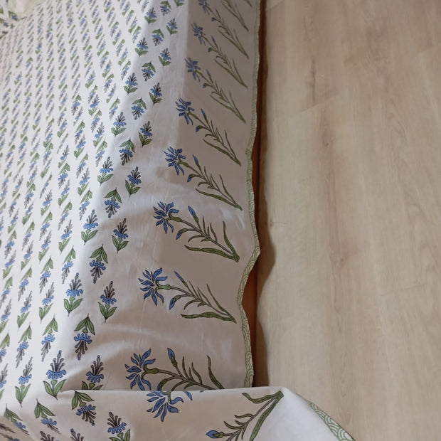 Blue Meadow Bloom – Block Print - Super King Size Bedsheet (274 x 274 cm) | 100% Jaipuri Cotton | Includes 2 Pillow Covers
