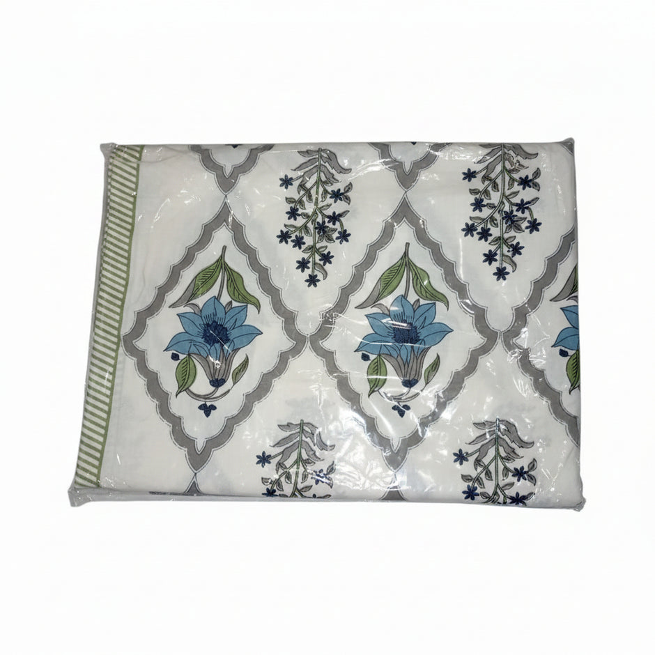 Azure Bloom Block Print – Super King Size Bedsheet (274 x 274 cm) | 100% Jaipuri Cotton | Includes 2 Pillow Covers