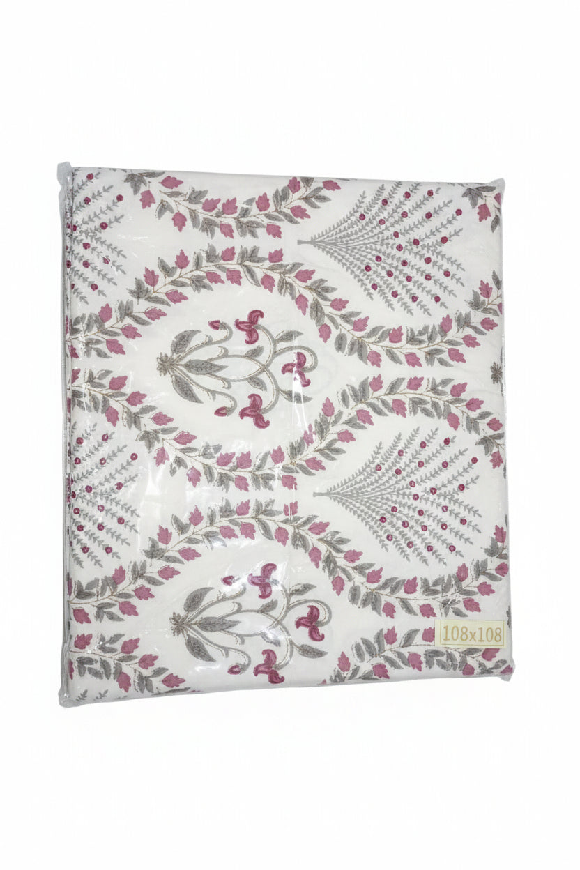 Blush Vine –Block Print - Super King Size Bedsheet (274 x 274 cm) | 100% Jaipuri Cotton | Includes 2 Pillow Covers