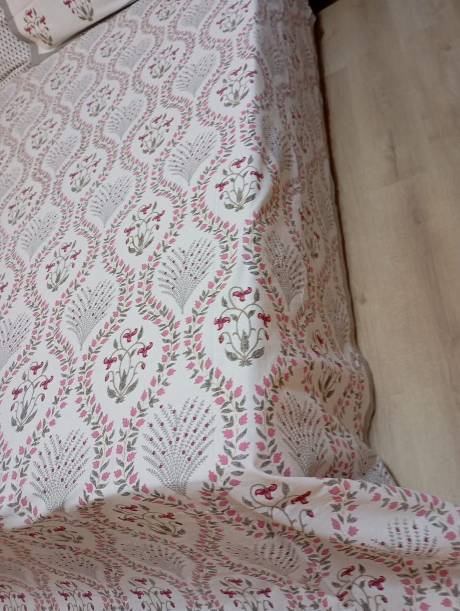 Blush Vine –Block Print - Super King Size Bedsheet (274 x 274 cm) | 100% Jaipuri Cotton | Includes 2 Pillow Covers