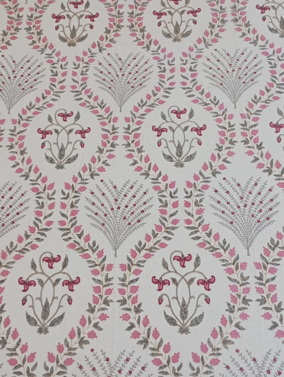Blush Vine –Block Print - Super King Size Bedsheet (274 x 274 cm) | 100% Jaipuri Cotton | Includes 2 Pillow Covers