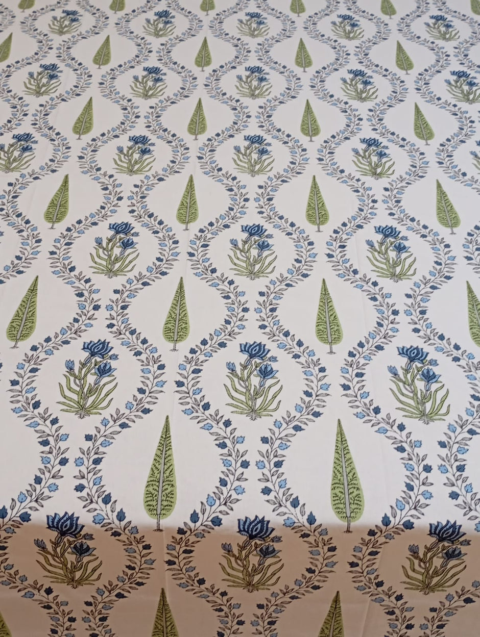 Blue Meadow Vine Block Print – Super King Size Bedsheet (274 x 274 cm) | 100% Jaipuri Cotton | Includes 2 Pillow Covers