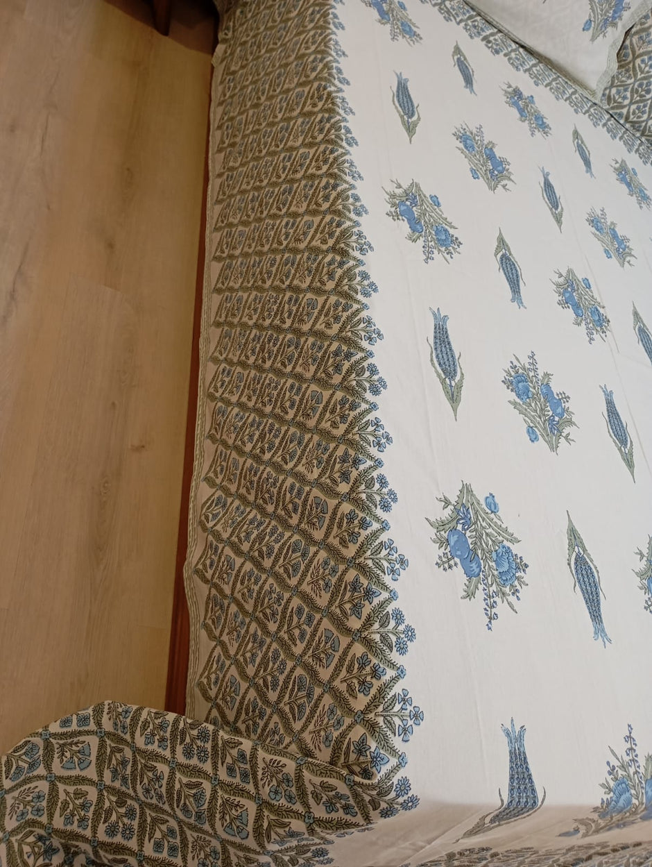 Sapphire Garden Block Print – Super King Size Bedsheet (274 x 274 cm) | 100% Jaipuri Cotton | Includes 2 Pillow Covers