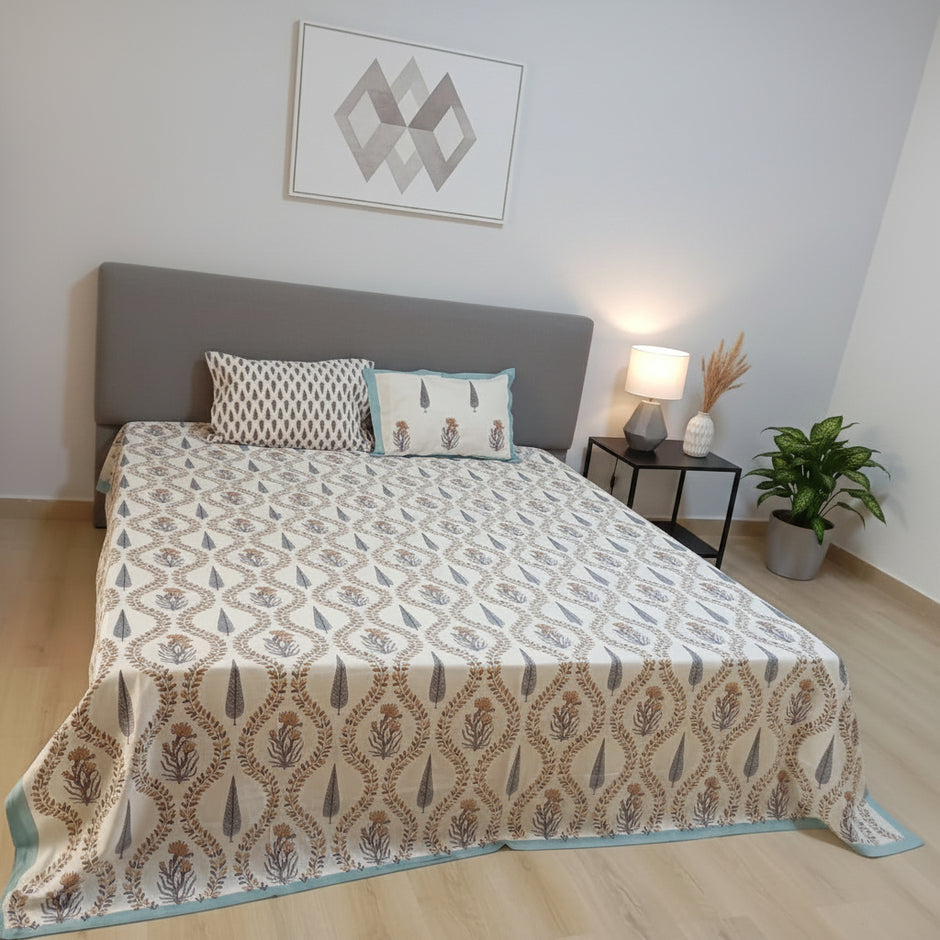 Amber Vine Buta – Queen Size Bedsheet (228 x 254 cm) | 100% Jaipuri Cotton | Includes 2 Pillow Covers