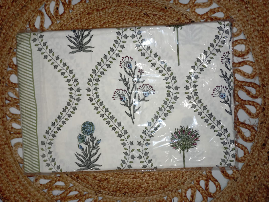 Olive Vine Garden – Queen Size Bedsheet (228 x 254 cm) | 100% Jaipuri Cotton | Includes 2 Pillow Covers