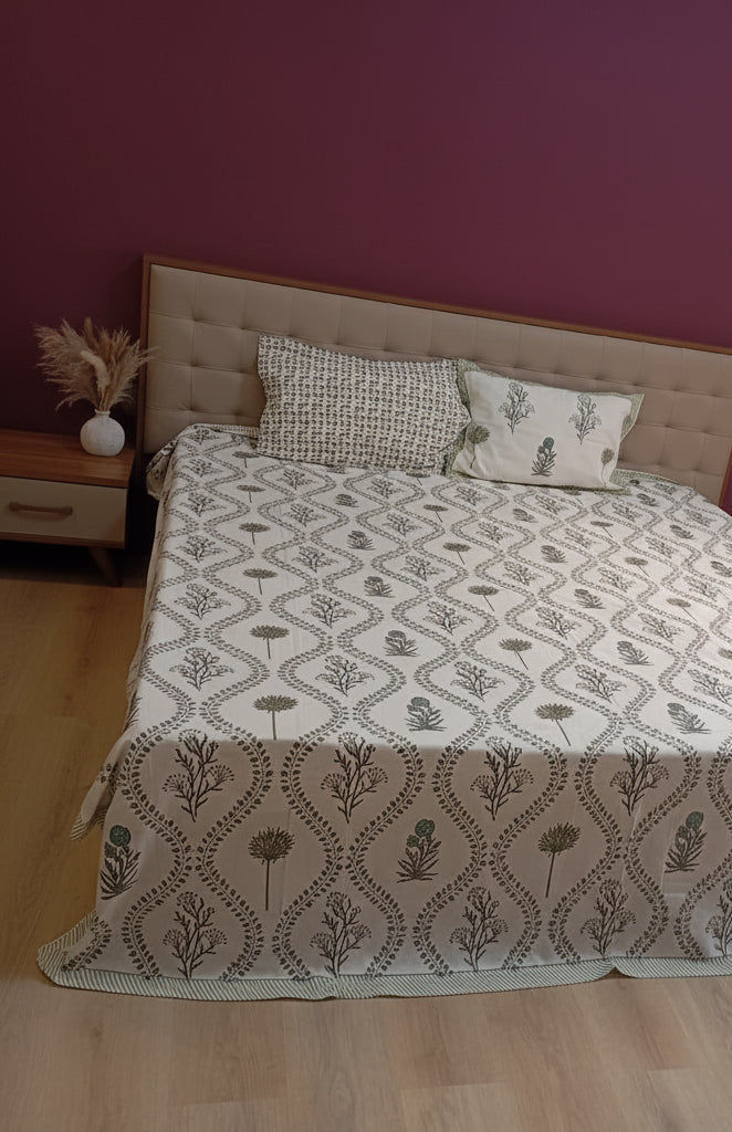 Olive Vine Garden – Queen Size Bedsheet (228 x 254 cm) | 100% Jaipuri Cotton | Includes 2 Pillow Covers
