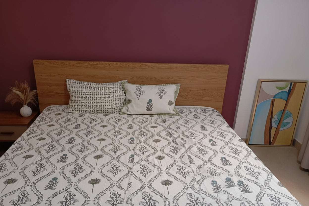 Olive Vine Garden – Queen Size Bedsheet (228 x 254 cm) | 100% Jaipuri Cotton | Includes 2 Pillow Covers